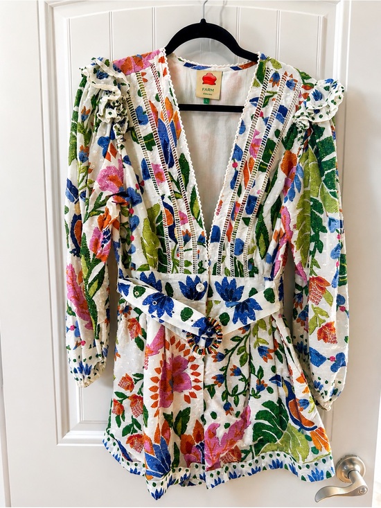 FARM Rio Pants - FARM Rio White Multicolor Floral V-Neck Belted Romper